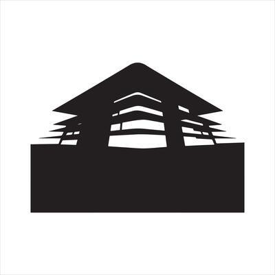 A black and white logo of a building