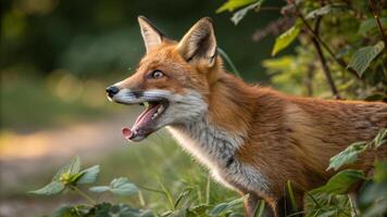 A fox is standing in the grass with its mouth open photo