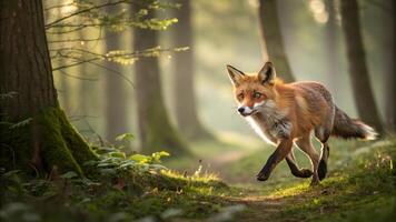 A fox running through the woods photo