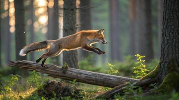 A fox jumping over a fallen log in the forest photo