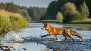 Red fox running in the river photo