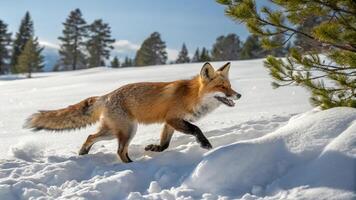 A red fox is walking across the snow photo