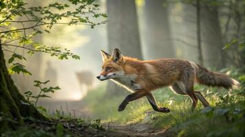 A red fox running through the woods photo