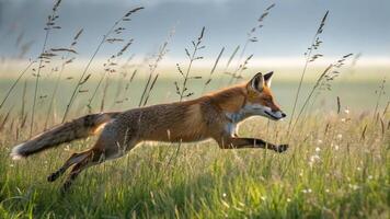 A fox running through tall grass in a field photo