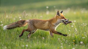 A fox carrying a dead mouse in its mouth photo
