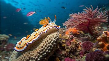 A colorful sea slug on a coral reef photo