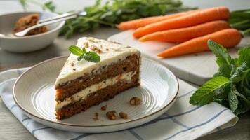 A slice of carrot cake with a piece of carrot photo