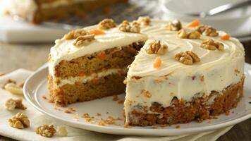 A carrot cake with cream cheese frosting and walnuts photo