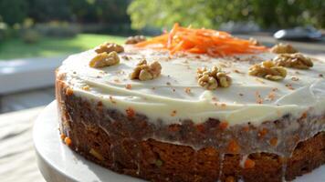 A carrot cake with icing and nuts on top photo