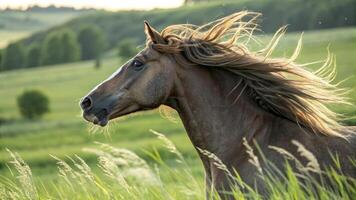 A horse with long hair running through a field photo