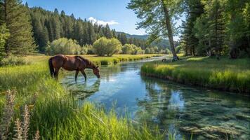 A horse drinking water from a stream in the middle of a forest photo
