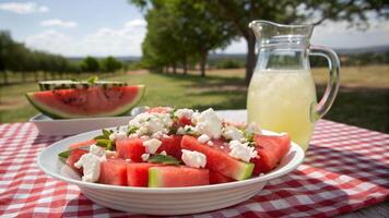 A bowl of watermelon salad with feta cheese and a pitcher of lemonade photo