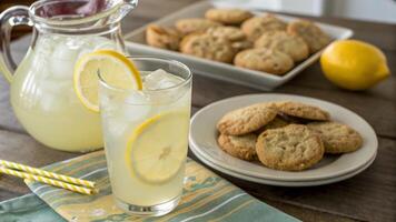 A pitcher of lemonade and cookies on a table photo