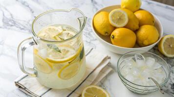 A pitcher of lemonade with lemons and ice photo