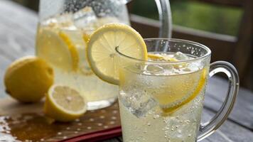A pitcher of lemonade with a slice of lemon photo