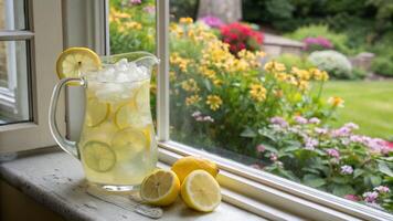 A pitcher of lemonade sits on a window sill photo