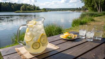 A pitcher of lemonade on a table next to a lake photo