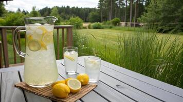 A pitcher of lemonade on a table with lemons photo