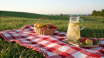 A picnic basket with fruit and a pitcher of lemonade sits on a red and white chec photo