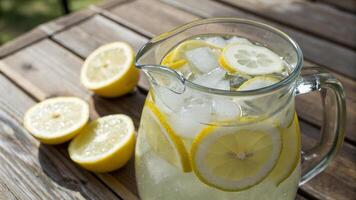 A pitcher of lemonade with slices of lemons photo