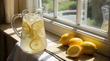 A pitcher of lemonade sits on a table next to a window photo