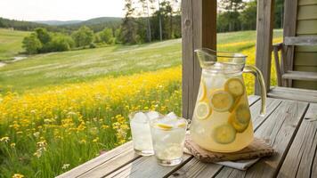 A pitcher of lemonade and a pitcher of lemonade with a view of a field photo