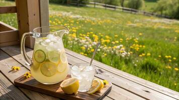 A pitcher of lemonade and a pitcher of ice water on a wooden table photo