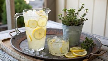 A pitcher of lemonade and a glass of lemonade on a tray photo