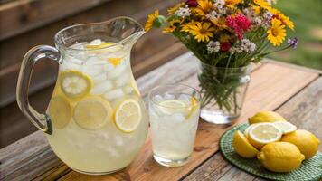 A pitcher of lemonade and a vase of flowers photo