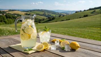 Lemonade in pitcher on wooden table with mountains in background photo