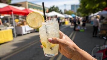 A person holding a lemonade drink in front of a crowd photo