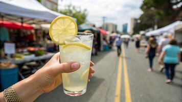 A person holding a glass of lemonade in front of a crowd photo