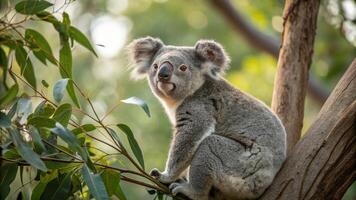 A koala is sitting on a tree branch photo