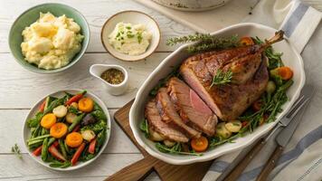A roast turkey with vegetables and potatoes on a wooden table photo