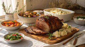 Roast beef with vegetables and potatoes on a table photo