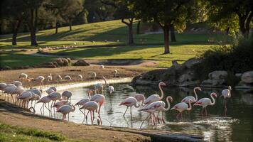 A flock of flamingos are standing in the water photo