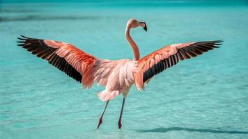 A flamingo standing in the water with its wings spread photo