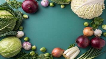Fresh vegetables arranged in a circle on a blue background photo