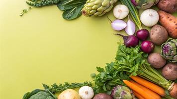 Fresh vegetables arranged in a circle on a green background photo