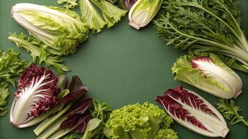 Fresh green leafy vegetables arranged in a circle on a green background photo