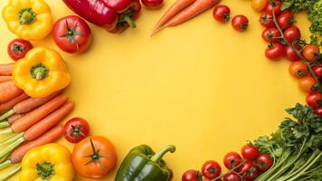 Fresh vegetables and fruits arranged in a circle on a yellow background photo
