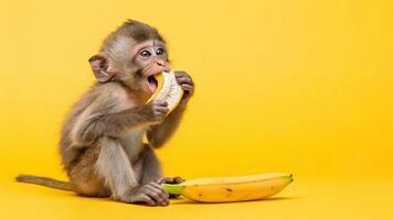 A monkey eating a banana on a yellow background photo