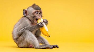 Monkey eating banana on yellow background photo