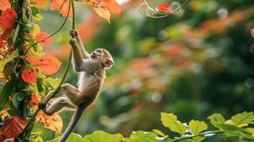 A monkey climbing up a tree branch with leaves photo