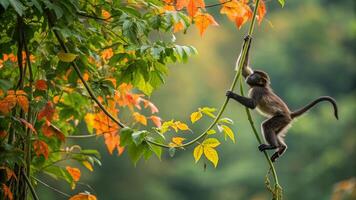 A monkey hanging from a tree branch with leaves in the background photo
