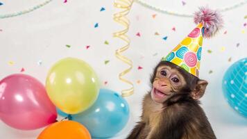 A monkey wearing a party hat sits on a table with balloons photo