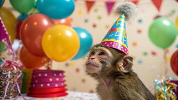 A monkey wearing a party hat sits on a table photo