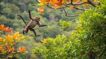 A monkey jumping in the air in front of a tree photo