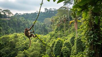 A monkey hanging from a tree in the jungle photo