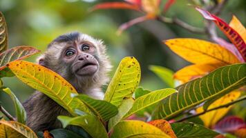 A monkey is looking up at the camera in the leaves photo